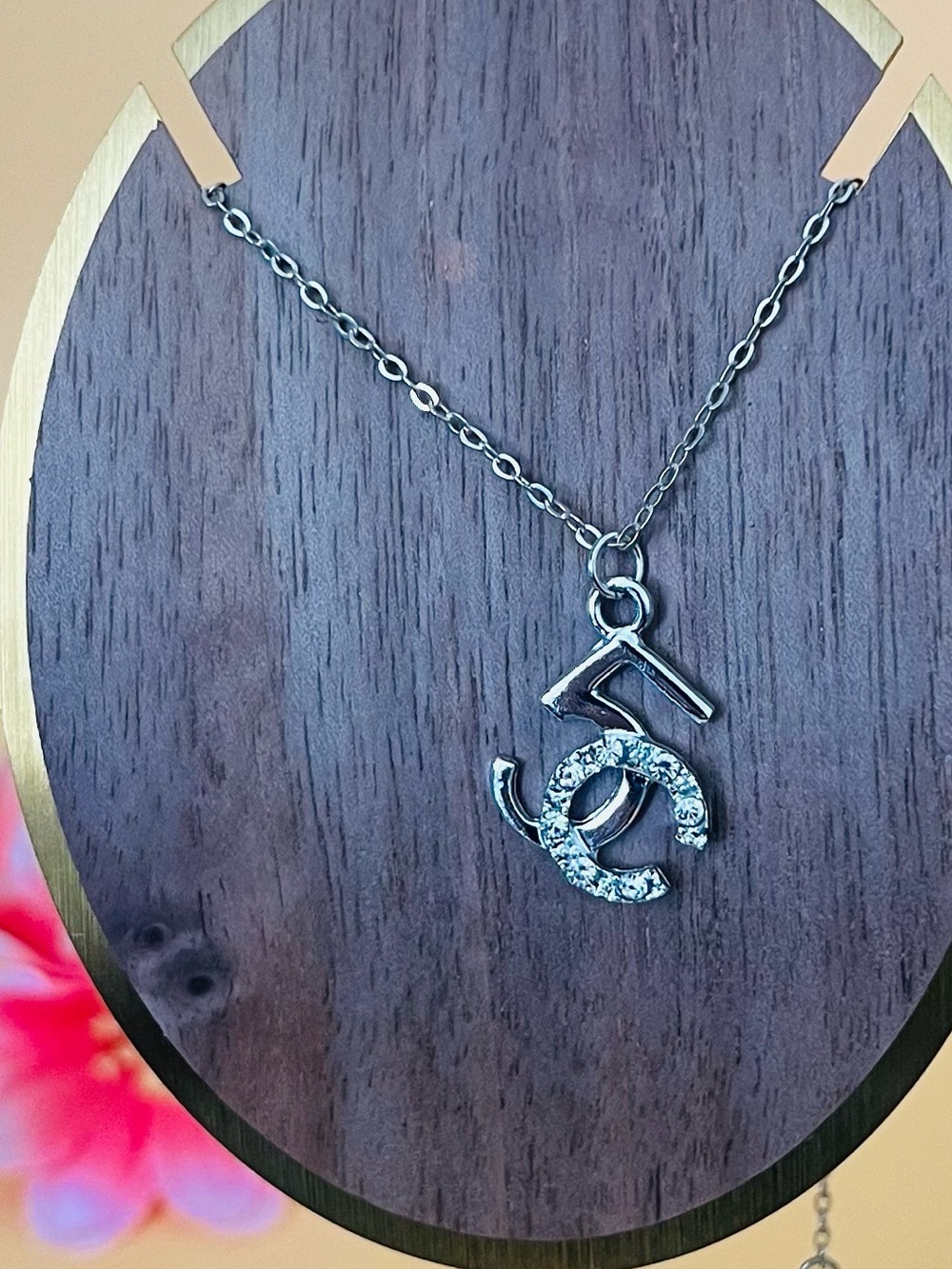 Paved No. 5 Pendant silver plated with matching necklace